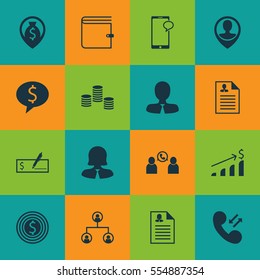 Set Of 16 Human Resources Icons. Includes Business Goal, Tree Structure, Cellular Data And Other Symbols. Beautiful Design Elements.
