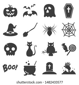 Set 16 icon Halloween festival. pumpkin, ghost, bat, spider, broom, skill, cat, owl, candy, grave, zombie hand, witch hat, and coffin. Vector illustration decorate banner, poster, and wallpaper.