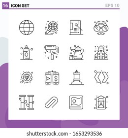 Set of 16 icons in Line style. Creative Outline Symbols for Website Design and Mobile Apps. Simple Line Icon Sign Isolated on White Background. 16 Icons.