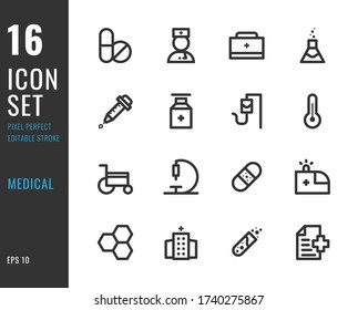 Set of 16 icons medical thin line style. Editable stroke. Pixel Perfect. Vector illustration