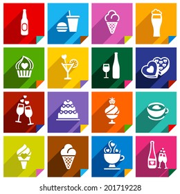 Set 16 icons on squares stickers, with bent colored angles, vector illustration for web applications