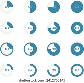 Set of 16 icons representing the financial year divided by quarters in different colors