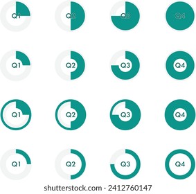 Set of 16 icons representing the financial year divided by quarters in different colors