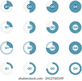 Conjunto de 16 iconos que representan el ejercicio financiero dividido por trimestres de diferentes colores