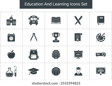 Um conjunto de 16 ícones representando vários aspectos da educação e aprendizagem, incluindo escola, livros, ferramentas de escrita, um calendário e muito mais. Ícones De Educação E Aprendizagem Definidos Para Design