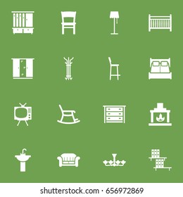 Set Of 16 Set Icons Set.Collection Of Bedroom, Chimney, Television And Other Elements.