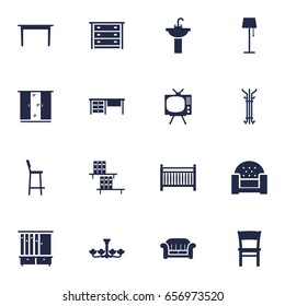 Set Of 16 Set Icons Set.Collection Of Bookcase, Chair, Sink And Other Elements.