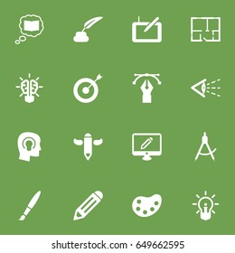 Set Of 16  Icons Set.Collection Of Bulb, Artist, Wings And Other Elements.
