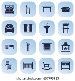 Set Of 16 Set Icons Set.Collection Of Coat Stand, Bookcase, Cot Elements.