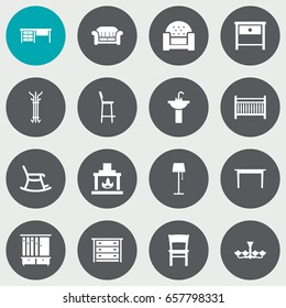 Set Of 16 Set Icons Set.Collection Of Coat Stand, Sofa, Desk Elements.