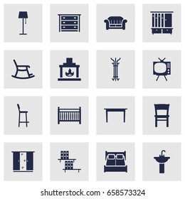 Set Of 16 Set Icons Set.Collection Of Commode, Couch, Bookcase And Other Elements.