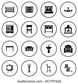 Set Of 16 Set Icons Set.Collection Of Couch, Cot, Chimney And Other Elements.