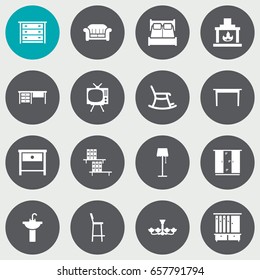 Set Of 16 Set Icons Set.Collection Of Desk, Couch, Television And Other Elements.