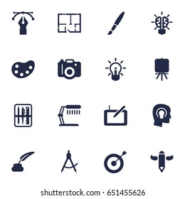 Set Of 16  Icons Set.Collection Of Idea, Scheme, Artist And Other Elements.