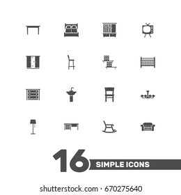 Set Of 16 Set Icons Set.Collection Of Illuminator, Desk, Cot And Other Elements.