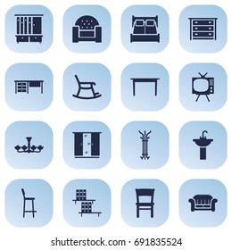 Set Of 16 Set Icons Set.Collection Of Luster, Chair, Bedroom And Other Elements.