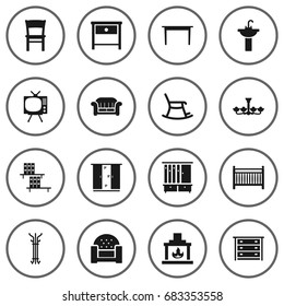 Set Of 16 Set Icons Set.Collection Of Rocking Furniture, Bookcase, Luster And Other Elements.