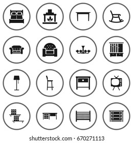 Set Of 16 Set Icons Set.Collection Of Wardrobe, Chimney, Sofa And Other Elements.