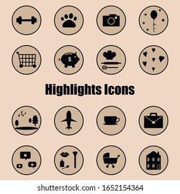A set of 16 icons for social media, stories, highlights. Brown beige black color covers
