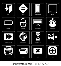 Set Of 16 icons such as Add, Close, Folder, Switch, Mute, Exit, Battery, Fast forward, Television, web UI editable icon pack, pixel perfect