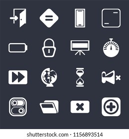 Set Of 16 icons such as Add, Close, Folder, Switch, Mute, Exit, Battery, Fast forward, Television on black background, web UI editable icon pack