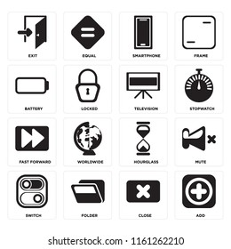 Set Of 16 icons such as Add, Close, Folder, Switch, Mute, Exit, Battery, Fast forward, Television, web UI editable icon pack, pixel perfect