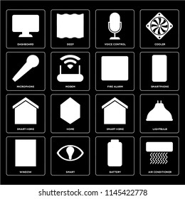 Set Of 16 icons such as Air conditioner, Battery, Smart, Window, Lightbulb, Dashboard, Microphone, Smart home, Fire alarm, web UI editable icon pack, pixel perfect