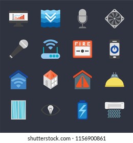 Set Of 16 icons such as Air conditioner, Battery, Smart, Window, Lightbulb, Dashboard, Microphone, Smart home, Fire alarm on black background, web UI editable icon pack