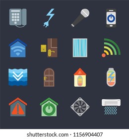 Set Of 16 icons such as Air conditioner, Cooler, Smart home, Power, Dial, Deep, Window on black background, web UI editable icon pack