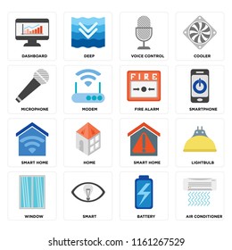 Set Of 16 icons such as Air conditioner, Battery, Smart, Window, Lightbulb, Dashboard, Microphone, Smart home, Fire alarm, web UI editable icon pack, pixel perfect