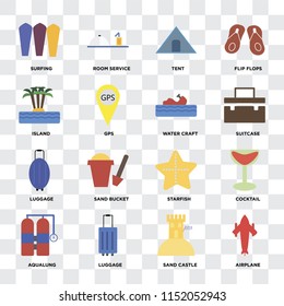 Set Of 16 icons such as Airplane, Sand castle, Luggage, Aqualung, Cocktail, Surfing, Island, Water craft on transparent background, pixel perfect