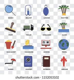Set Of 16 icons such as Airplane, Notebook, Passport, Sunbed, Travel, Search, Stamp, Sand bucket, Sunglasses on transparent background, pixel perfect