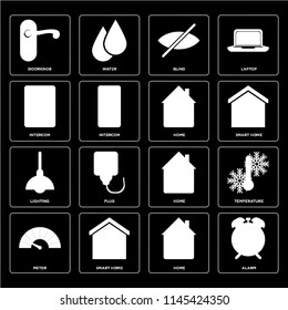 Set Of 16 icons such as Alarm, Home, Smart home, Meter, Temperature, Doorknob, Intercom, Lighting, web UI editable icon pack, pixel perfect