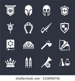 Set Of 16 icons such as Alchemy, Fanfare, Tower, Crown, Crossbow, Standard, Banner, Spellbook, Dagger on black background, web UI editable icon pack