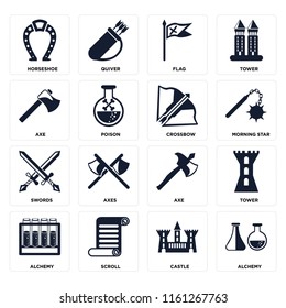 Set Of 16 icons such as Alchemy, Castle, Scroll, Tower, Horseshoe, Axe, Swords, Crossbow, web UI editable icon pack, pixel perfect