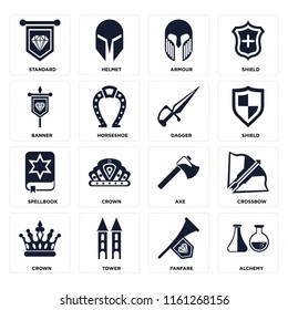 Set Of 16 icons such as Alchemy, Fanfare, Tower, Crown, Crossbow, Standard, Banner, Spellbook, Dagger, web UI editable icon pack, pixel perfect