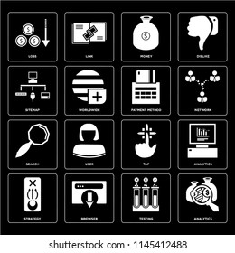 Set Of 16 icons such as Analytics, Testing, Browser, Strategy, Loss, Sitemap, Search, Payment method, web UI editable icon pack, pixel perfect