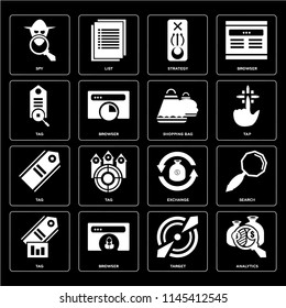 Set Of 16 icons such as Analytics, Target, Browser, Tag, Search, Spy, Shopping bag, web UI editable icon pack, pixel perfect
