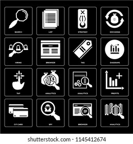 Set Of 16 icons such as Analytics, Browser, Spy, Cit card, Profits, Search, Hiring, Tap, Tag, web UI editable icon pack, pixel perfect