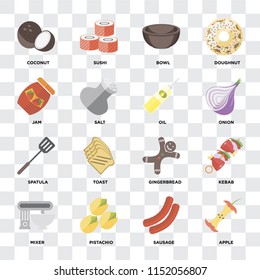Set Of 16 icons such as Apple, Sausage, Pistachio, Mixer, Kebab, Coconut, Jam, Spatula, Oil on transparent background, pixel perfect