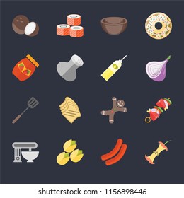Set Of 16 icons such as Apple, Sausage, Pistachio, Mixer, Kebab, Coconut, Jam, Spatula, Oil on black background, web UI editable icon pack