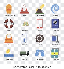 Set Of 16 icons such as Aqualung, Flip flops, Trailer, Parasailing, Oxygen tank, Sun protection, Lifebuoy, Bag, Phone on transparent background, pixel perfect