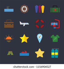 Set Of 16 icons such as Aqualung, Starfish, Water craft, Swimsuit, Shirt, Swimming pool, Suitcase, Sunset, Lifebuoy on black background, web UI editable icon pack