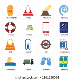 Set Of 16 icons such as Aqualung, Flip flops, Trailer, Parasailing, Oxygen tank, Sun protection, Lifebuoy, Bag, Phone, web UI editable icon pack, pixel perfect