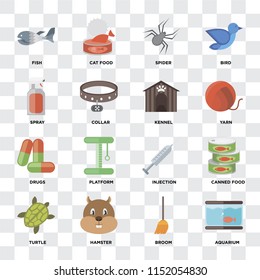 Set Of 16 icons such as Aquarium, Broom, Hamster, Turtle, Canned food, Fish, Spray, Drugs, Kennel on transparent background, pixel perfect