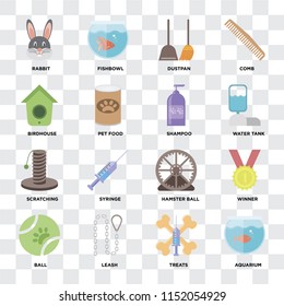 Set Of 16 icons such as Aquarium, Treats, Leash, Ball, Winner, Rabbit, Birdhouse, Scratching, Shampoo on transparent background, pixel perfect