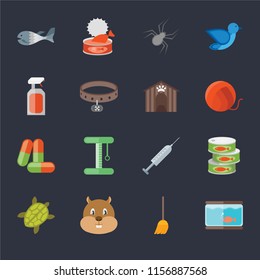 Set Of 16 icons such as Aquarium, Broom, Hamster, Turtle, Canned food, Fish, Spray, Drugs, Kennel on black background, web UI editable icon pack
