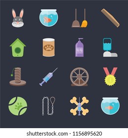 Set Of 16 icons such as Aquarium, Treats, Leash, Ball, Winner, Rabbit, Birdhouse, Scratching, Shampoo on black background, web UI editable icon pack