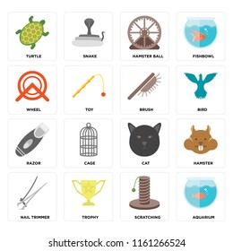 Set Of 16 icons such as Aquarium, Scratching, Trophy, Nail trimmer, Hamster, Turtle, Wheel, Razor, Brush, web UI editable icon pack, pixel perfect