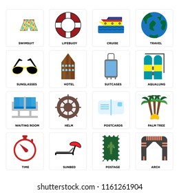Set Of 16 icons such as Arch, Postage, Sunbed, Time, Palm tree, Swimsuit, Sunglasses, Waiting room, Suitcases, web UI editable icon pack, pixel perfect